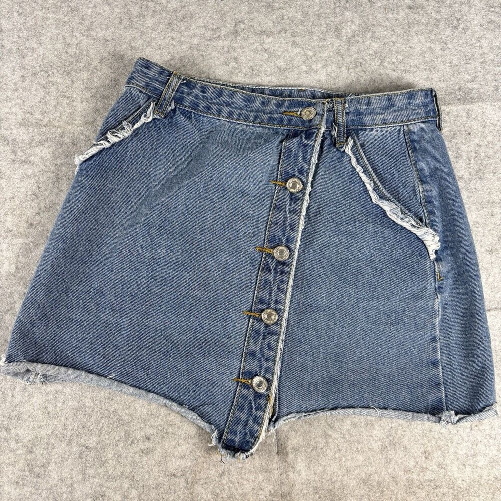 Vintage Y2K Levi's Blue Denim Button Front Raw Hem Mini Skirt Pockets Womens M